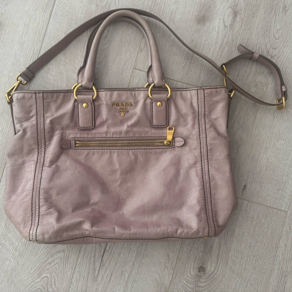 PRADA Authentic Blush Vitello Daino leather hobo bag with Gold hardware